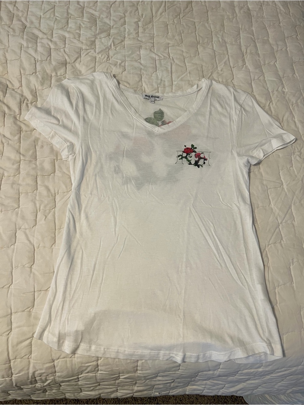Rock Revival White V-Neck Tee with red rose graphic